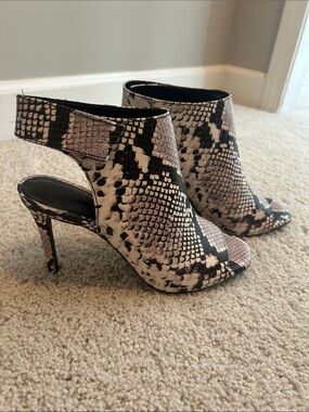 Vince Camuto Snake-Print Peep-Toe Stiletto Booties in Beige and Black